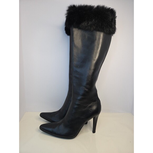 Valerie Stevens knee high black leather stiletto fur top boots Alegria 1 Sz 8 M - Picture 5 of 12